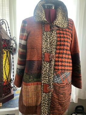 Patchwork Leopard Trim Orange Women's Coat
